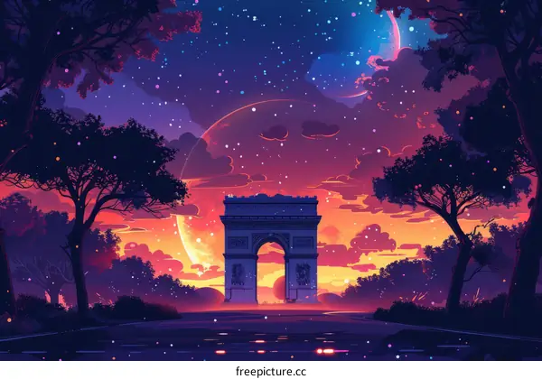 Nighttime Illustration of the Arc de Triomphe