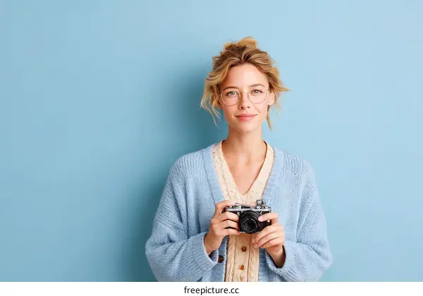 Young Woman Holding Retro Camera Against Blue Background