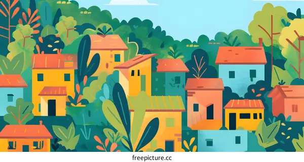 Colorful Houses Surrounded by Lush Green Trees in a Summer Landscape Illustration