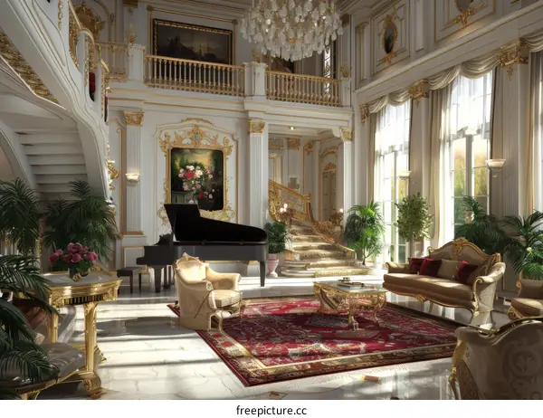 A Grand Foyer with a Piano and a Curved Staircase