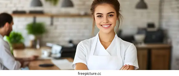 Portrait of a Smiling Female Cafe Worker Wearing a White Apron