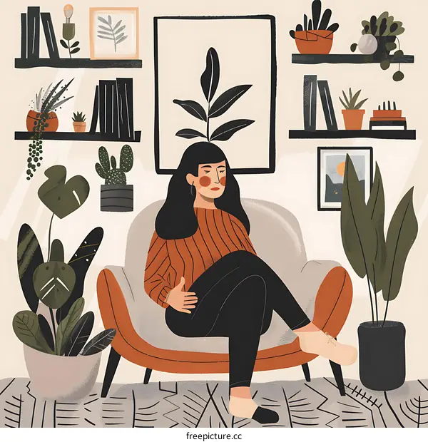 Woman Sitting in a Cozy Living Room with Plants
