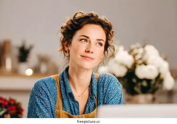 Thoughtful Woman in a Floral Shop