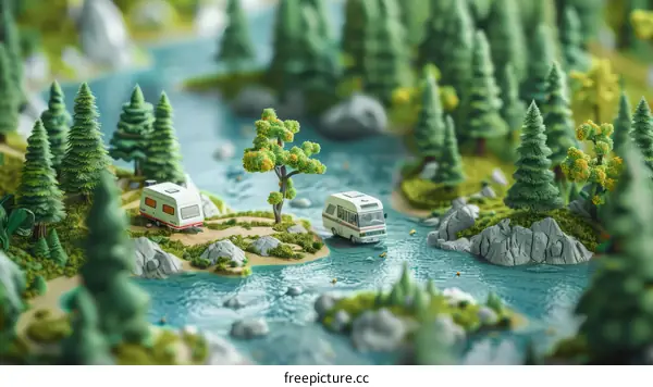 Toy Camper Vans by the River surrounded by Trees and Rocks