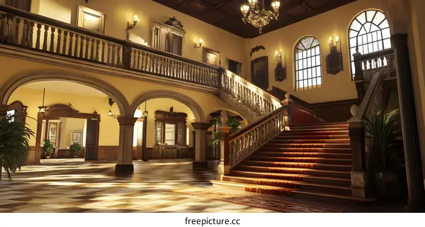 Grand Staircase in a Luxurious Mansion with Arched Entrance