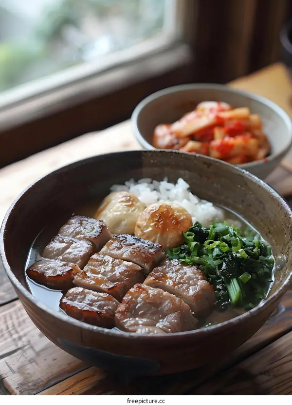 Bowl of Japanese Beef Rice with Side of Kimchi