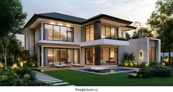 Modern Luxury Villa with Swimming Pool and Lush Greenery