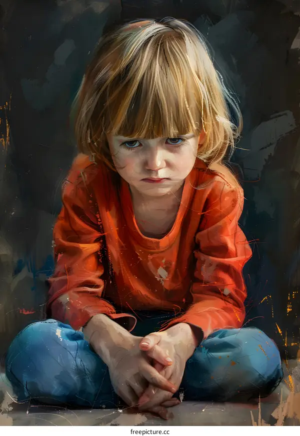Sad Young Girl in Orange Shirt and Jeans
