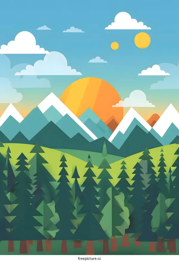 Flat Design Illustration of a Mountain Forest with a Sun and Clouds in the Sky