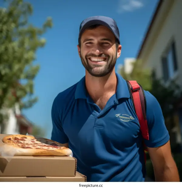 Smiling delivery man holding pizza boxes