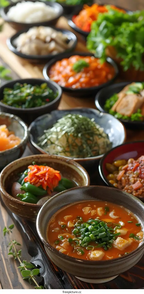 A variety of delicious Japanese dishes are served in small bowls on a wooden table.