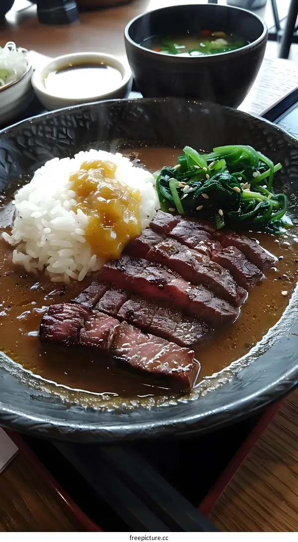 Japanese beef curry with rice and spinach