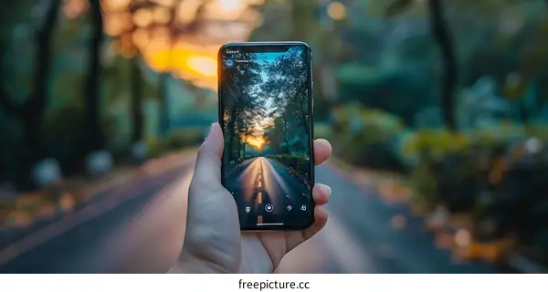 Hand Holding Smartphone Capturing Sunset Road