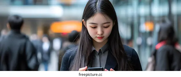 Asian Woman Using Smartphone in City