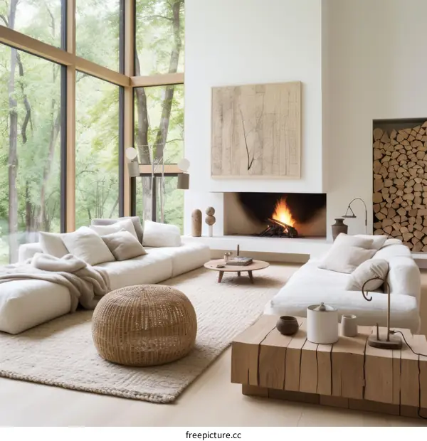 Bright airy living room with large windows and a fireplace