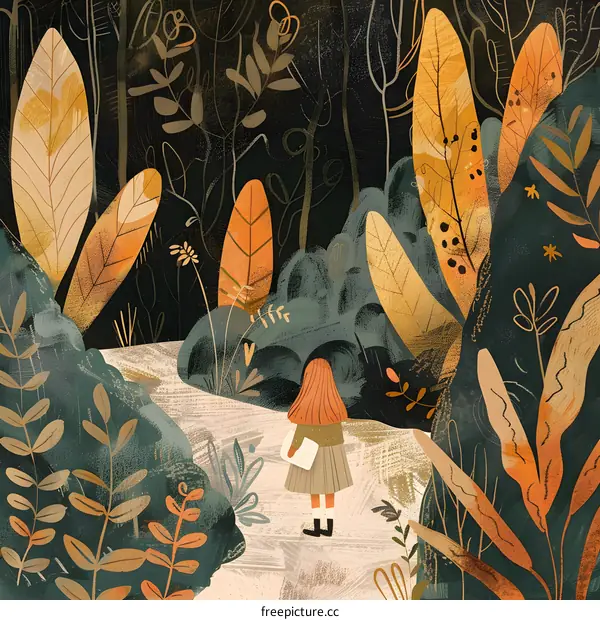 Girl in a Forest with Autumn Leaves