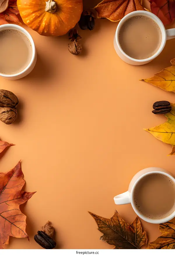 Autumn Flat Lay with Coffee Cups and Leaves