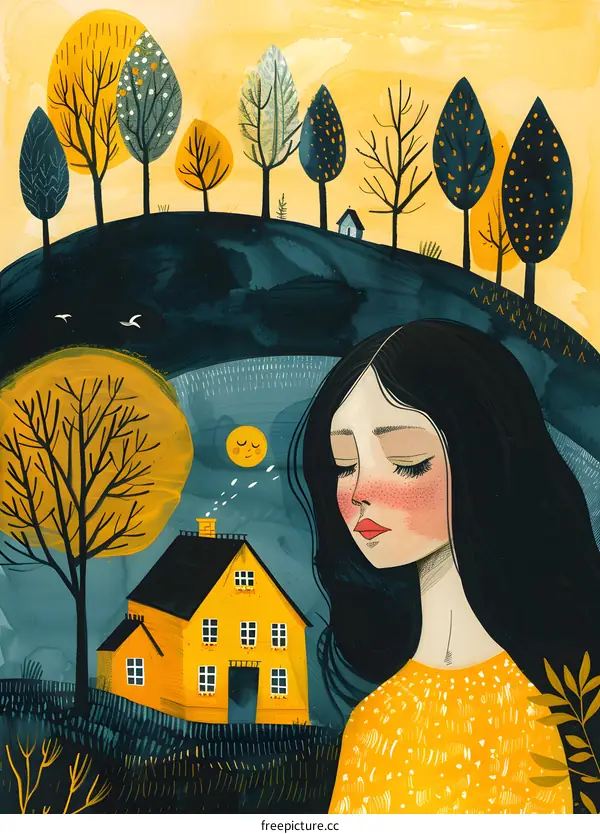 Woman Standing in Front of Yellow House with Trees and Sky Background
