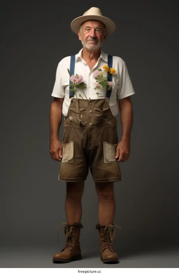 An old man wearing a straw hat and suspenders with flowers in the pockets of his overalls