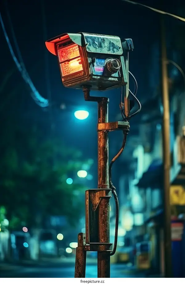 retro camera on a street corner at night