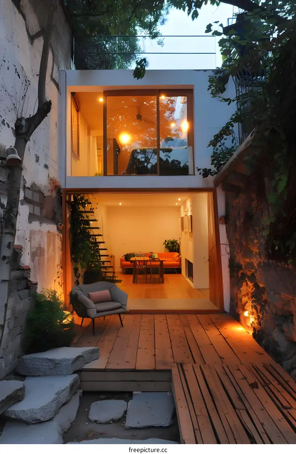 Modern Home With Wooden Deck and Patio