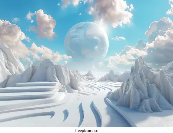 Surreal Alien Landscape with a Giant Moon and White Mountains