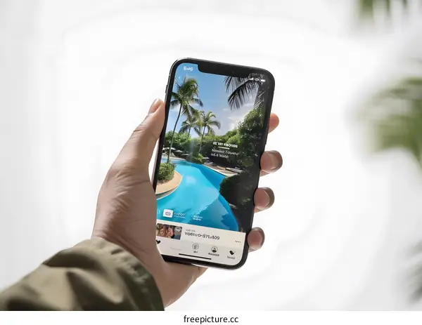 Hand Holding Smartphone Showing Tropical Pool Image