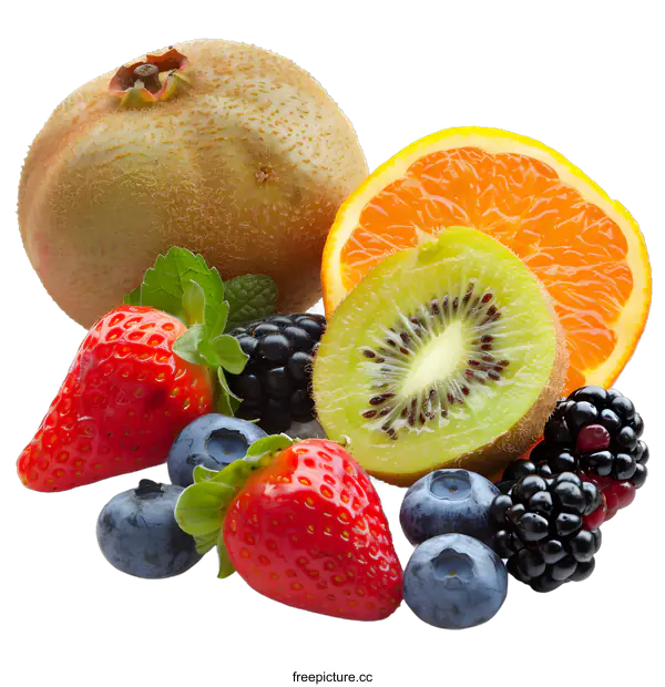 [Transparent Background PNG]Fresh Fruit Assortment with Kiwi, Orange, Strawberry and Blueberries