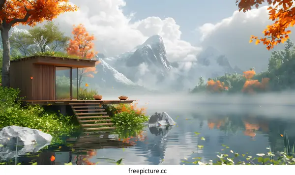 A house on the lake with autumn trees