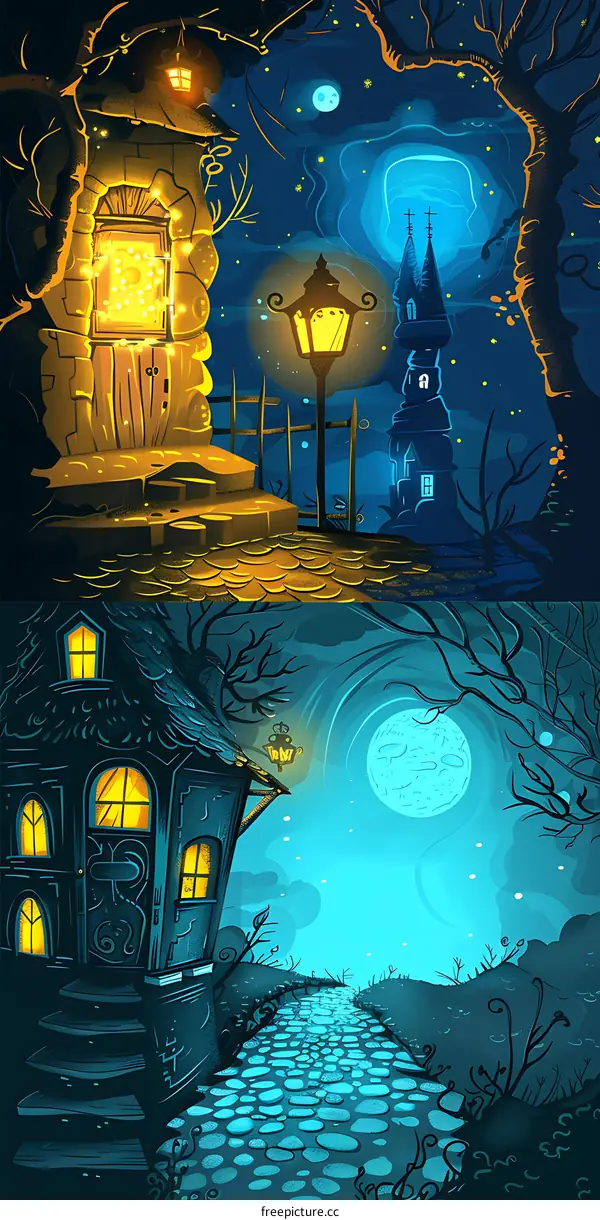 Fantasy Night Scene With Two Houses And A Cobblestone Path