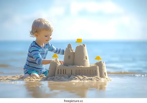 Little Boy Building a Sandcastle on the Beach
