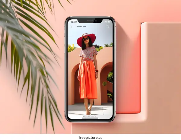 Woman in Orange Dress and Red Hat on Smartphone Screen