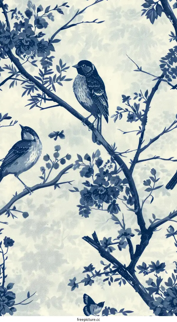 Blue and White Bird on a Branch with Flowers