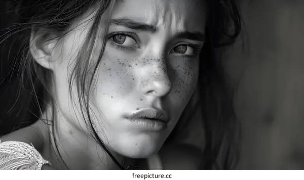 Intense Gaze of a Young Woman with Freckles