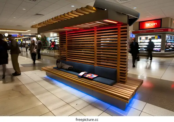 Modern Wooden Bench with Blue LED Lights in a Shopping Mall