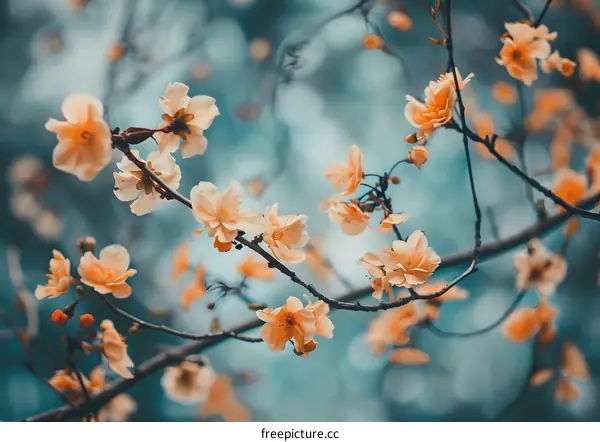 Peach Blossom Branch Closeup Against Teal Background