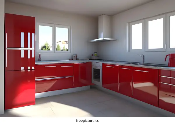 Modern Red Kitchen Design with White Countertops