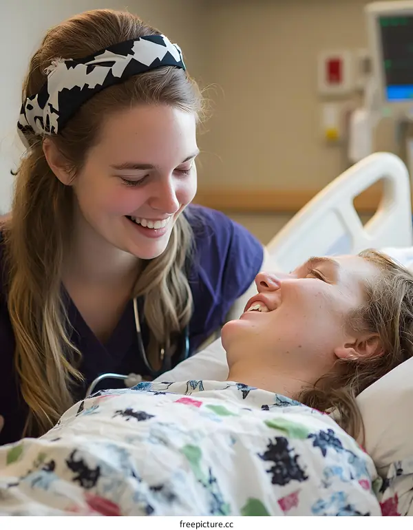 Smiling Female Nurse Caring for Patient in Hospital Room