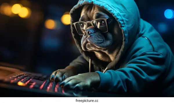 A French Bulldog wearing glasses and a hoodie works on a computer