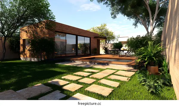 Modern Brick House with Green Grass and Patio