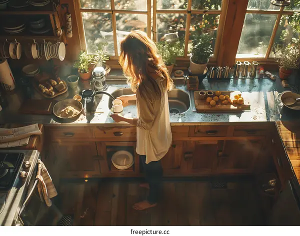 Young woman making coffee in a rustic kitchen