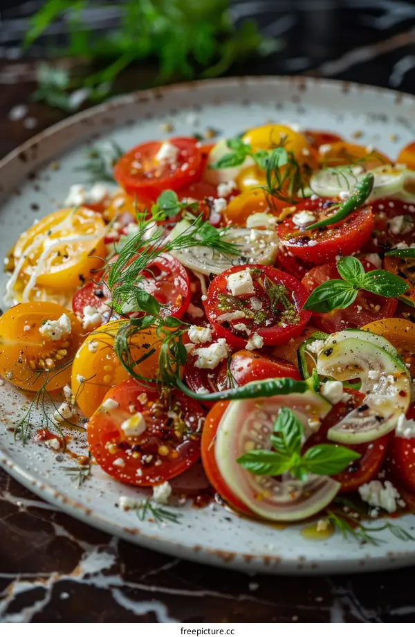 Colorful Tomato Salad with Basil, Feta, and Cucumber