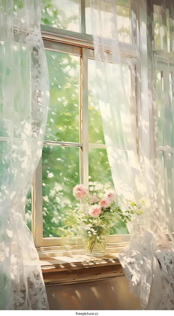 Sunlit Window with Vase of Flowers
