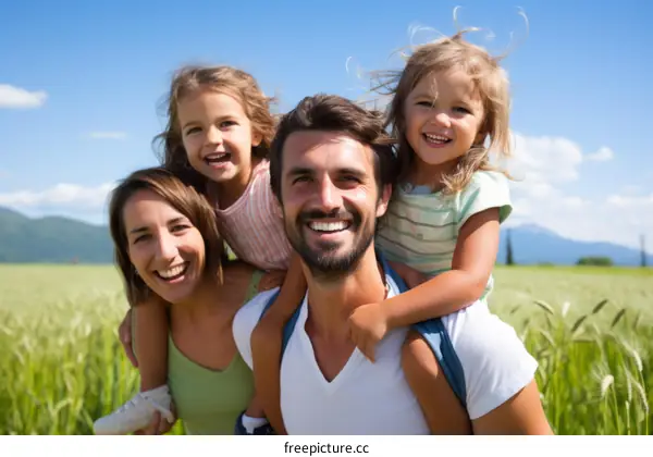 Happy family of four in a wheat field