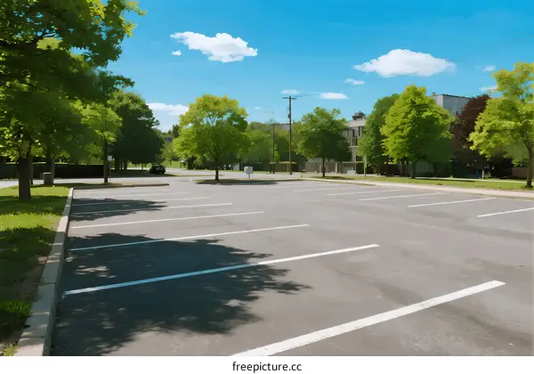 Empty parking lot with green trees under a clear blue sky