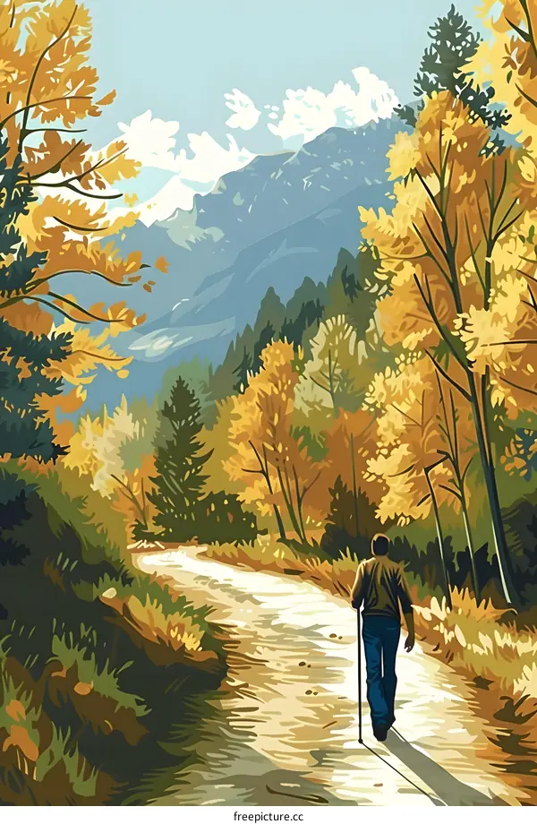 Man Walking Through Autumn Forest Pathway with Mountains in Background