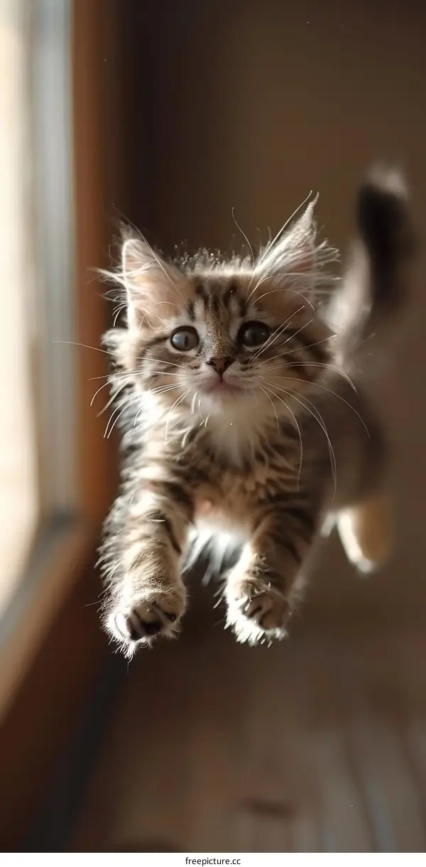 A cute kitten is jumping in mid-air