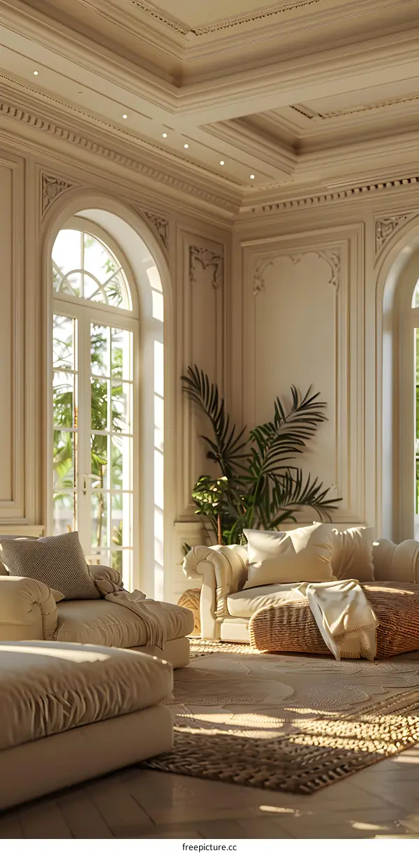 Bright empty living room with two sofas and a plant