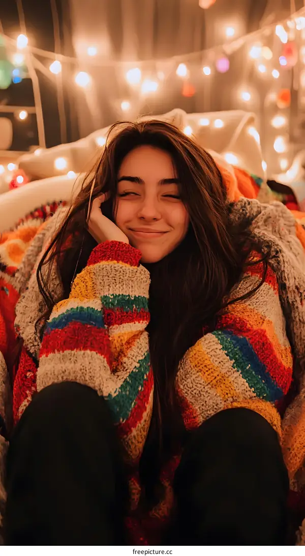 Smiling Woman Wearing Colorful Knitted Sweater in a Cozy Home Setting