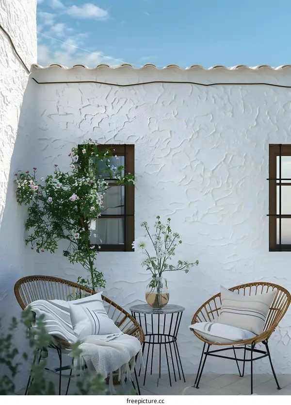 White Wall Patio with Wicker Chairs and Flowers